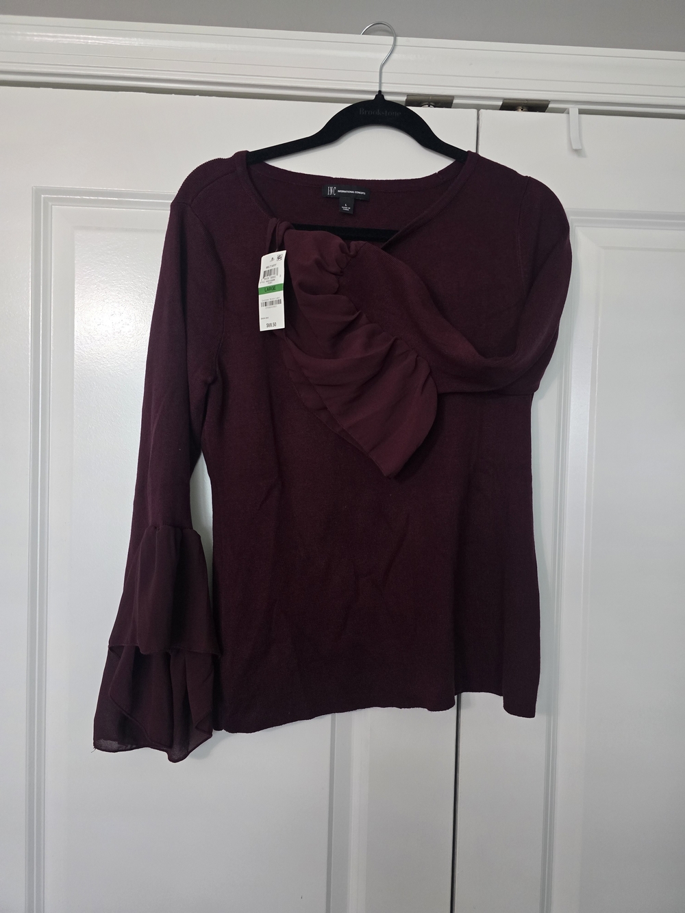 INC Women's Wine Ruffle-Neck Knit Top